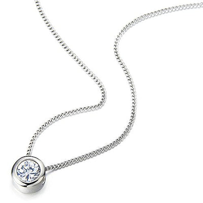 COOLSTEELANDBEYOND 6.5mm Cubic Zirconia Round Solitaire Bezel Set Stainless Steel Pendant Necklace 20 Inches Chain - coolsteelandbeyond