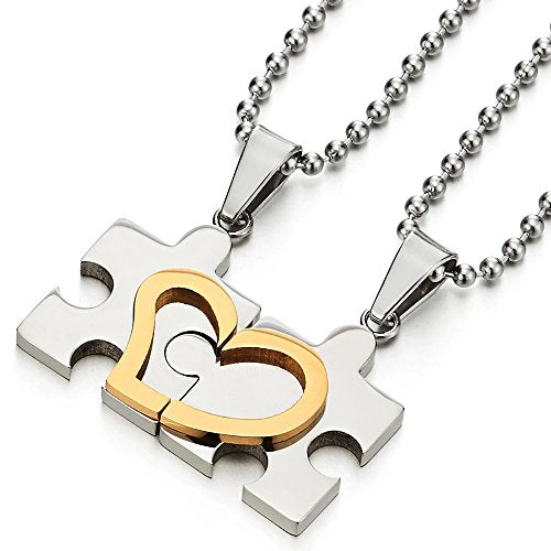 A Pair Stainless Steel Heart Puzzle Pendant Necklace for Lovers Couples Mens Womens Polished