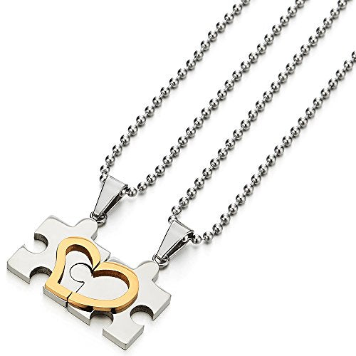 A Pair Stainless Steel Heart Puzzle Pendant Necklace for Lovers Couples Mens Womens Polished