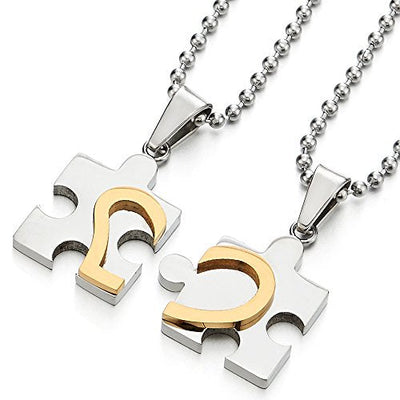 A Pair Stainless Steel Heart Puzzle Pendant Necklace for Lovers Couples Mens Womens Polished