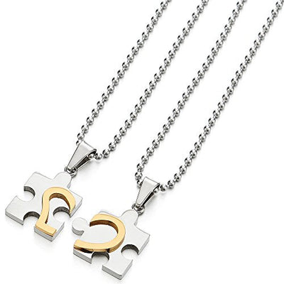 A Pair Stainless Steel Heart Puzzle Pendant Necklace for Lovers Couples Mens Womens Polished