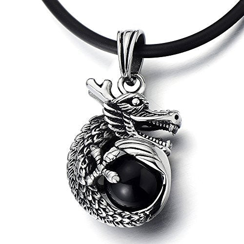 Black Ball Dragon Claw Pendant Necklace for Man for Stainless Steel with Silicone Strap