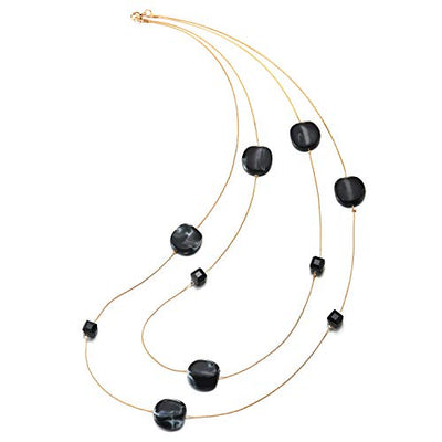 COOLSTEELANDBEYOND Elegant Gold Statement Necklace Two-Strand Long Chain with Blue Cube Crystal Beads and Circle Charms - coolsteelandbeyond