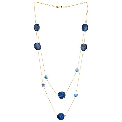 COOLSTEELANDBEYOND Elegant Gold Statement Necklace Two-Strand Long Chain with Blue Cube Crystal Beads and Circle Charms - coolsteelandbeyond