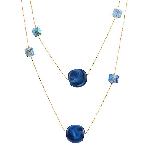 COOLSTEELANDBEYOND Elegant Gold Statement Necklace Two-Strand Long Chain with Blue Cube Crystal Beads and Circle Charms - coolsteelandbeyond