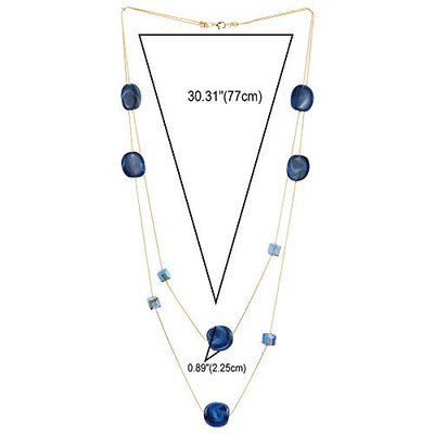 COOLSTEELANDBEYOND Elegant Gold Statement Necklace Two-Strand Long Chain with Blue Cube Crystal Beads and Circle Charms - coolsteelandbeyond
