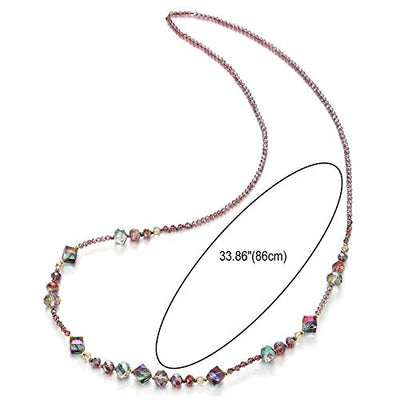 COOLSTEELANDBEYOND Elegant Purple Rainbow Statement Necklace Long Beads Chain with Crystal Bead Charm Dress Prom Party - coolsteelandbeyond