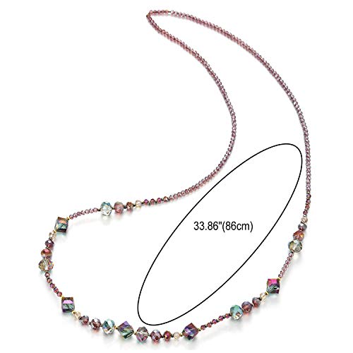 COOLSTEELANDBEYOND Elegant Purple Rainbow Statement Necklace Long Beads Chain with Crystal Bead Charm Dress Prom Party - coolsteelandbeyond