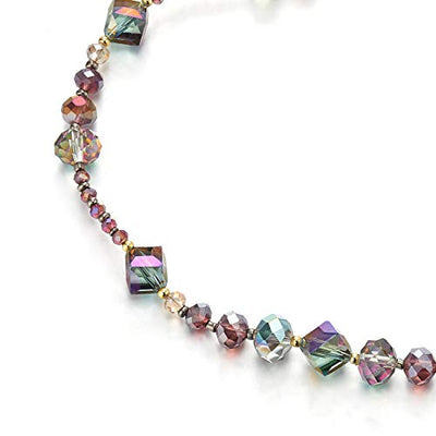 COOLSTEELANDBEYOND Elegant Purple Rainbow Statement Necklace Long Beads Chain with Crystal Bead Charm Dress Prom Party - coolsteelandbeyond