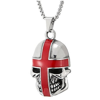 COOLSTEELANDBEYOND Gothic Biker Mens Steel Skull Pendant Necklace with Red Enamel Cross, 30 inches Wheat Chain - coolsteelandbeyond