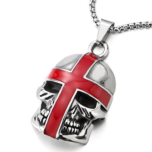 COOLSTEELANDBEYOND Gothic Biker Mens Steel Skull Pendant Necklace with Red Enamel Cross, 30 inches Wheat Chain - coolsteelandbeyond