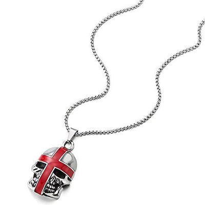 COOLSTEELANDBEYOND Gothic Biker Mens Steel Skull Pendant Necklace with Red Enamel Cross, 30 inches Wheat Chain - coolsteelandbeyond