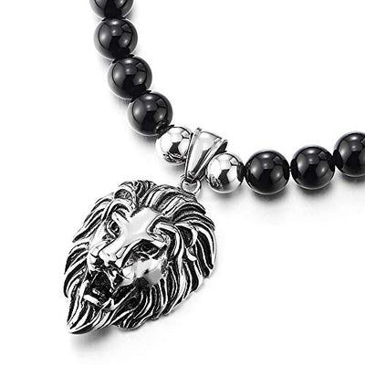 COOLSTEELANDBEYOND Gothic Punk Rock Mens Black Onyx Beads Necklace Stainless Steel Vintage Lion Head Pendant - coolsteelandbeyond