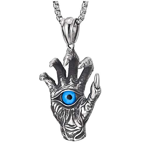 COOLSTEELANDBEYOND Gothic Steel Mens Vintage Skeleton Hand Spiked Claw Blue Evil Eye Pendant Necklace, 30 Inches Chain - coolsteelandbeyond