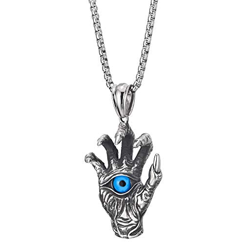 COOLSTEELANDBEYOND Gothic Steel Mens Vintage Skeleton Hand Spiked Claw Blue Evil Eye Pendant Necklace, 30 Inches Chain - coolsteelandbeyond