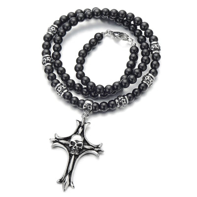 Gothic Style Black Onyx Beads Necklace for Men, Featuring Stainless Steel Cross Skulls, Ideal for Casual Wear or Themed Events - COOLSTEELANDBEYOND Jewelry