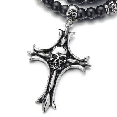 Gothic Style Black Onyx Beads Necklace for Men, Featuring Stainless Steel Cross Skulls, Ideal for Casual Wear or Themed Events - COOLSTEELANDBEYOND Jewelry