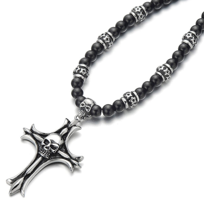 Gothic Style Black Onyx Beads Necklace for Men, Featuring Stainless Steel Cross Skulls, Ideal for Casual Wear or Themed Events - COOLSTEELANDBEYOND Jewelry