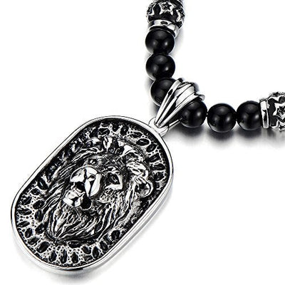 Gothic Style Mens Black Onyx Beads Necklace with Stainless Steel Lion Head Shield Pendant - COOLSTEELANDBEYOND Jewelry