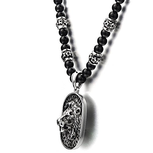 Gothic Style Mens Black Onyx Beads Necklace with Stainless Steel Lion Head Shield Pendant - COOLSTEELANDBEYOND Jewelry