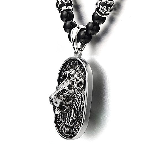 Gothic Style Mens Black Onyx Beads Necklace with Stainless Steel Lion Head Shield Pendant - COOLSTEELANDBEYOND Jewelry