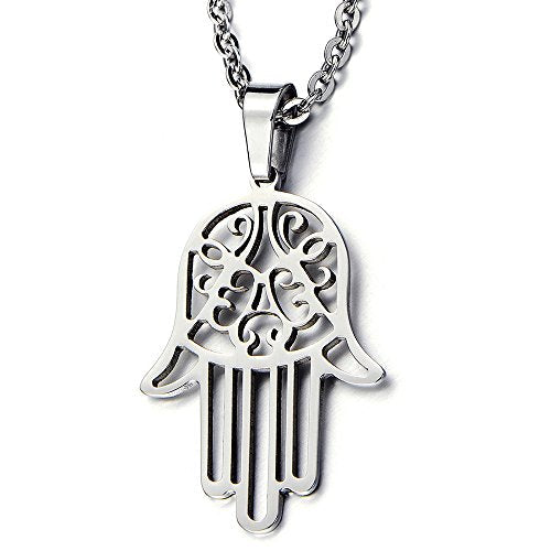 COOLSTEELANDBEYOND Hamsa Hand of Fatima Pendant Necklace Stainless Steel with 20 Inches Chain - COOLSTEELANDBEYOND Jewelry