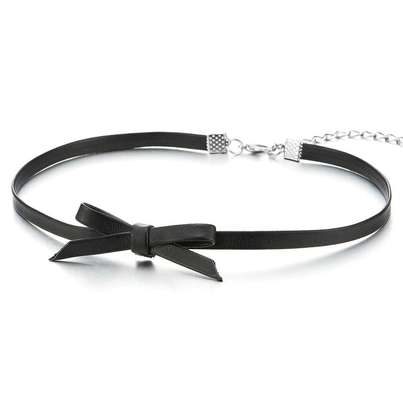 COOLSTEELANDBEYOND Ladies Black Leather Bow Choker Necklace Pendant - COOLSTEELANDBEYOND Jewelry