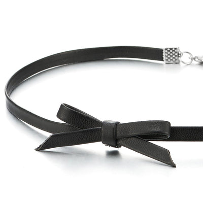 COOLSTEELANDBEYOND Ladies Black Leather Bow Choker Necklace Pendant - COOLSTEELANDBEYOND Jewelry