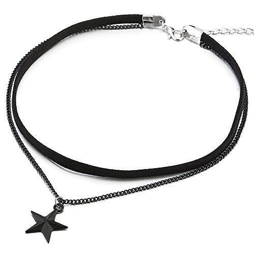 COOLSTEELANDBEYOND Ladies Womens Two-Rows Black Choker Necklace with Black Chain and Pentagram Star Charm Pendant - COOLSTEELANDBEYOND Jewelry