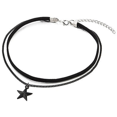 COOLSTEELANDBEYOND Ladies Womens Two-Rows Black Choker Necklace with Black Chain and Pentagram Star Charm Pendant - COOLSTEELANDBEYOND Jewelry