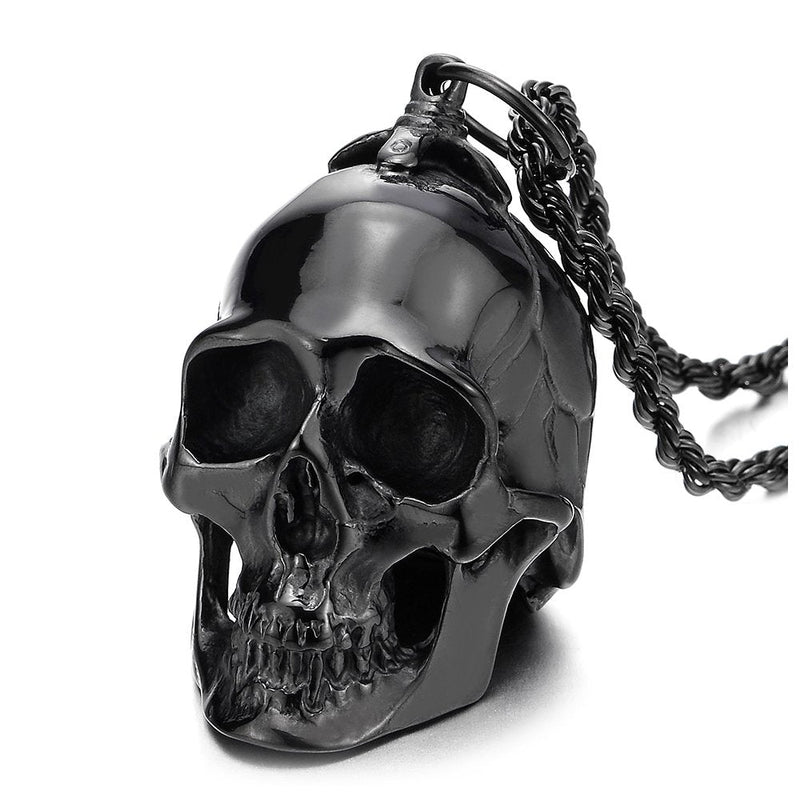 COOLSTEELANDBEYOND Large Stainless Steel Skull Pendant Necklace for Men High Polished with 30 Inches Wheat Chain - coolsteelandbeyond