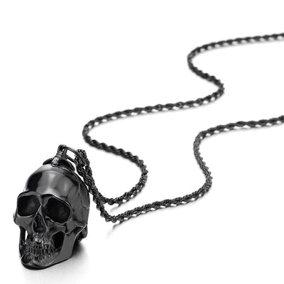 COOLSTEELANDBEYOND Large Stainless Steel Skull Pendant Necklace for Men High Polished with 30 Inches Wheat Chain - coolsteelandbeyond