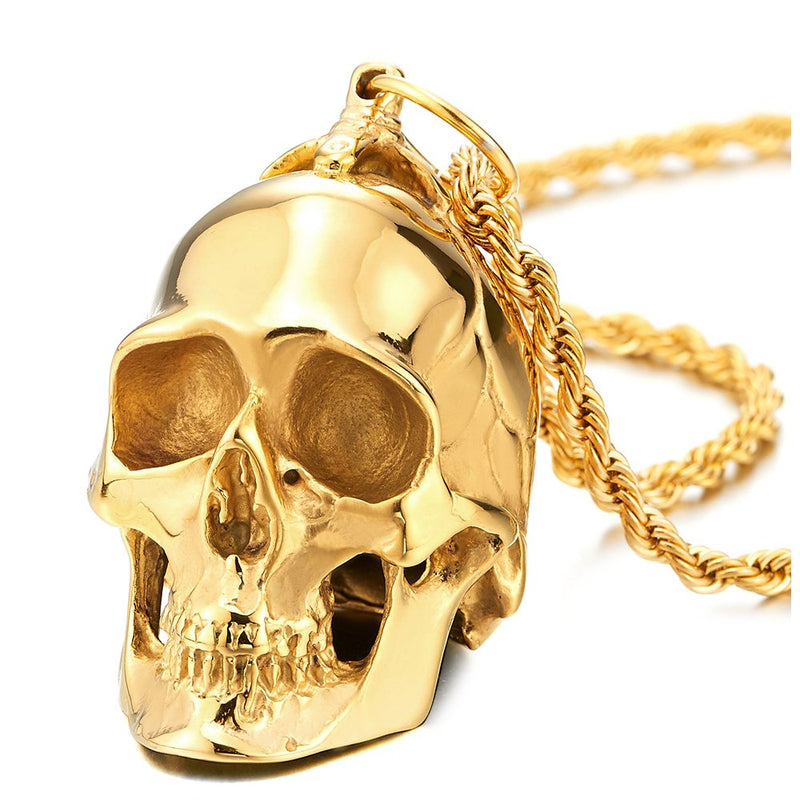 COOLSTEELANDBEYOND Large Stainless Steel Skull Pendant Necklace for Men High Polished with 30 Inches Wheat Chain - coolsteelandbeyond