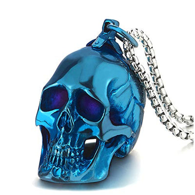 COOLSTEELANDBEYOND Large Stainless Steel Skull Pendant Necklace for Men High Polished with 30 Inches Wheat Chain - coolsteelandbeyond