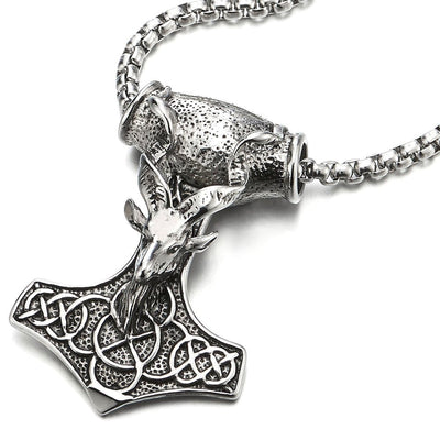 Large Steel Mens Thors Hammer Pendant Necklace with Goat Head and Irish Celtic Knot, 30 Inches Chain