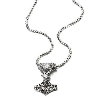 Large Steel Mens Thors Hammer Pendant Necklace with Goat Head and Irish Celtic Knot, 30 Inches Chain