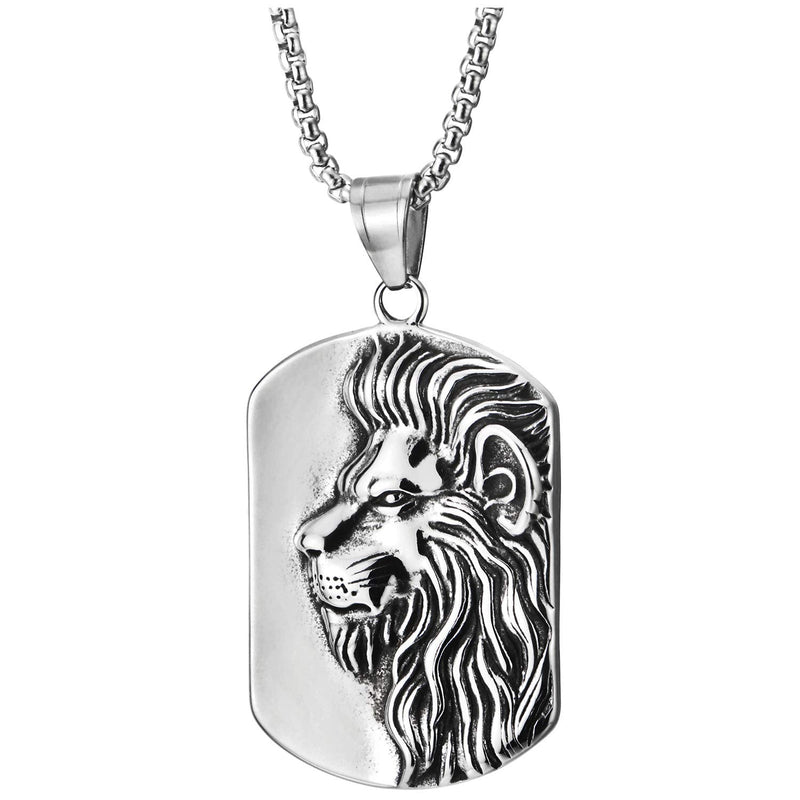 Men Women Stainless Steel Vintage Convex King Lion Head Dog Tag Pendant Necklace, 30 in Wheat Chain - COOLSTEELANDBEYOND Jewelry