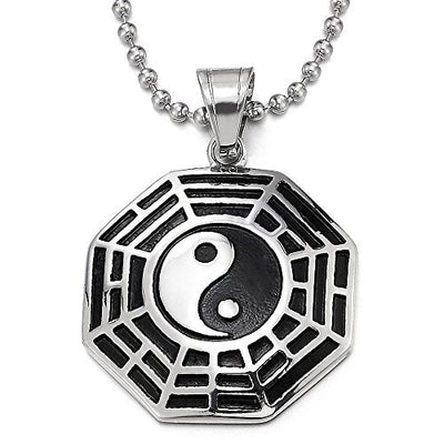 COOLSTEELANDBEYOND Men Women Steel Silver Black Tai Chi Yin Yang Bagua Eight Diagram Pendant Necklace, 30 in Ball Chain - coolsteelandbeyond