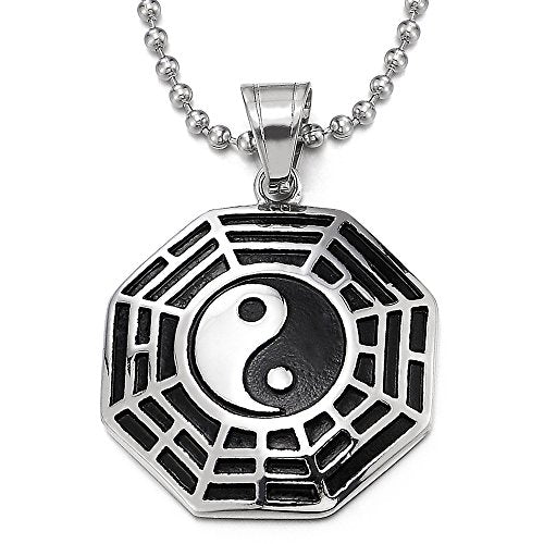 COOLSTEELANDBEYOND Men Women Steel Silver Black Tai Chi Yin Yang Bagua Eight Diagram Pendant Necklace, 30 in Ball Chain - coolsteelandbeyond