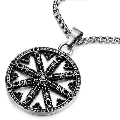 Mens Large Steel Dharma Chakra Pendant Dharma Wheel of Law Symbol Necklace with 30 in Chain