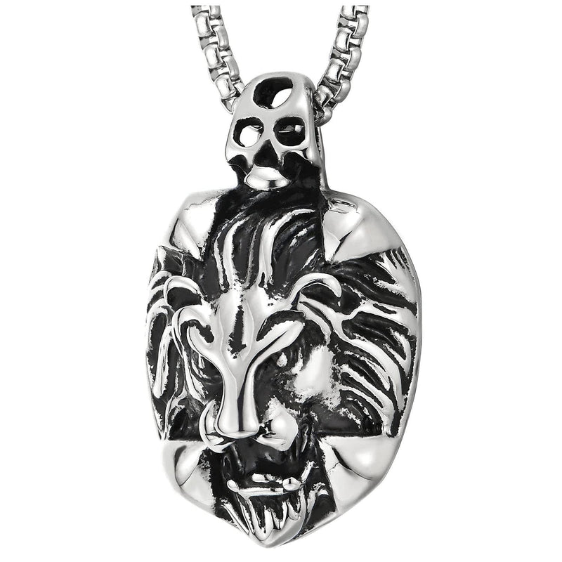 Mens Stainless Steel Biker Skull Lion Pendant Necklace with 23 Inches Steel Wheat Chain