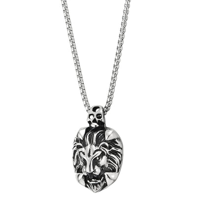 Mens Stainless Steel Biker Skull Lion Pendant Necklace with 23 Inches Steel Wheat Chain