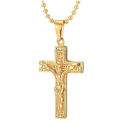 COOLSTEELANDBEYOND Mens Stainless Steel Gold Color Jesus Christ Crucifix Cross Pendant Necklace, 23.6 inches Ball Chain - coolsteelandbeyond