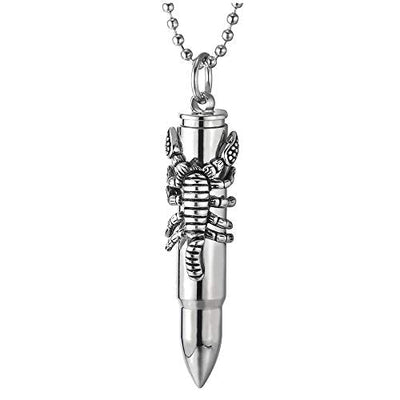 COOLSTEELANDBEYOND Mens Stainless Steel Scorpion King Bullet Pendant Necklace Pill Box Memorial Holder, 30 inches Chain - coolsteelandbeyond