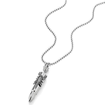COOLSTEELANDBEYOND Mens Stainless Steel Scorpion King Bullet Pendant Necklace Pill Box Memorial Holder, 30 inches Chain - coolsteelandbeyond