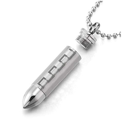 COOLSTEELANDBEYOND Mens Steel Bullet Pill Box Memorial Holder Pendant Necklace Greek Key, 23.6 inches Ball Chain - coolsteelandbeyond