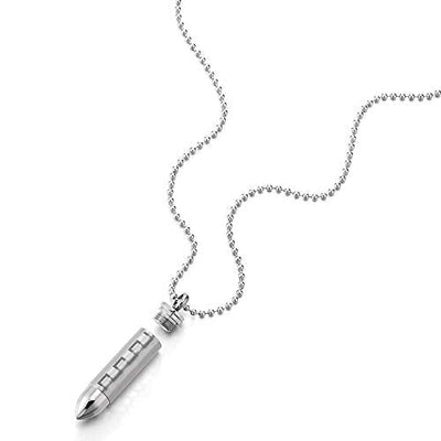 COOLSTEELANDBEYOND Mens Steel Bullet Pill Box Memorial Holder Pendant Necklace Greek Key, 23.6 inches Ball Chain - coolsteelandbeyond