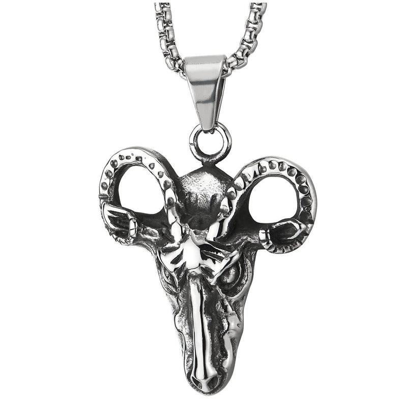 Mens Steel Vintage Horn Goat Head Skeleton Pendant Necklace, Biker, 30 Inches Wheat Chain