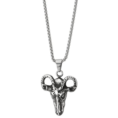 Mens Steel Vintage Horn Goat Head Skeleton Pendant Necklace, Biker, 30 Inches Wheat Chain
