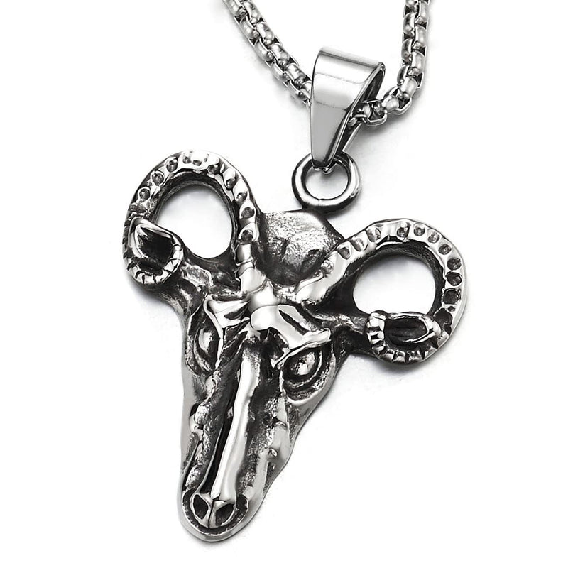 Mens Steel Vintage Horn Goat Head Skeleton Pendant Necklace, Biker, 30 Inches Wheat Chain